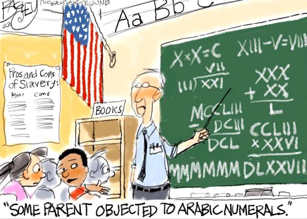 cartoon of classroom with chalkboard of arithmetic using roman numerals and image caption "parent objected to arabic numerals"