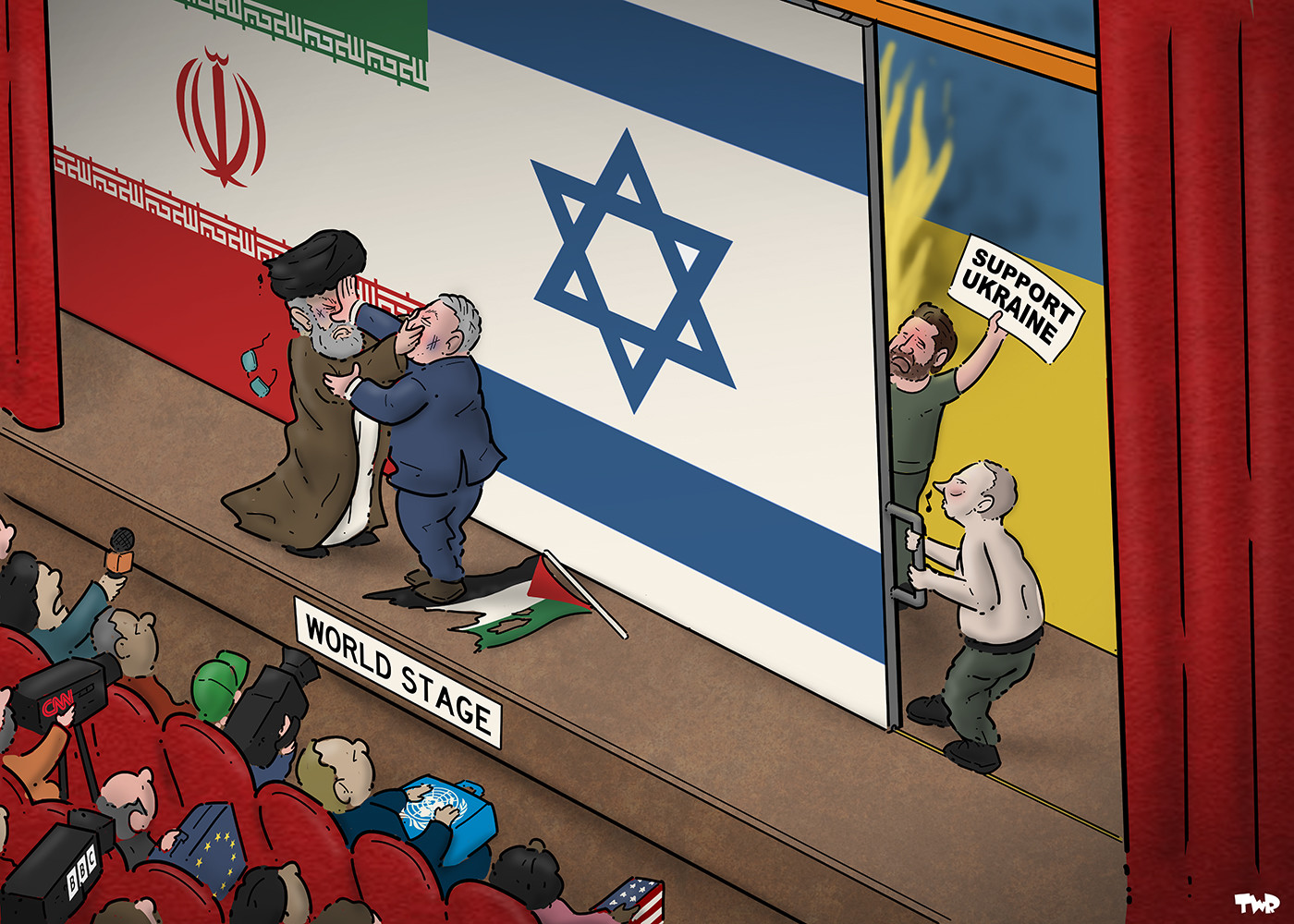 Cartoon showing the world stage with an audience of politicians and media. On the stage, Netanyahu and Khamenei are wrestling. In the back, Putin is pulling in a backdrop that shows the flags of Israel and Iran, covering up the old backdrop that was the <br />Ukrainian flag. We can just see Zelensky, who is about to be covered by the new backdrop, holding up a sign that reads 'Support Ukraine'.