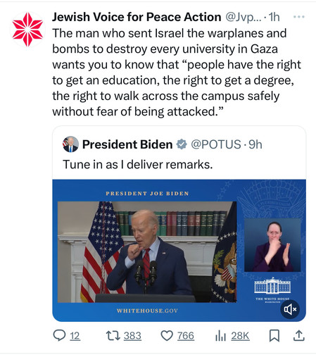 Jewish Voice for Peace Action @Jvp...• 1h
The man who sent Israel the warplanes and
bombs to destroy every university in Gaza
wants you to know that 