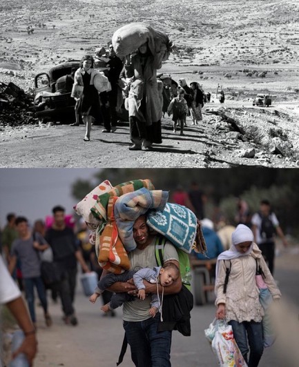Almost identical pictures of Palestinians carrying all their belongings after being forcibly displaced  