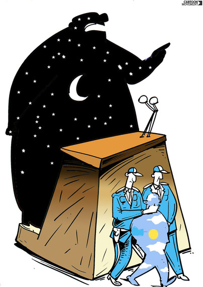 Cartoon showing a large figure holding a speech behind a lectern, while a small man is being escorted away by two police men. The large figure holding the speech is a black silhouette with stars and a moon inside, while the smaller figure that is arrested is a light blue silhouette with a sun and some clouds inside.
