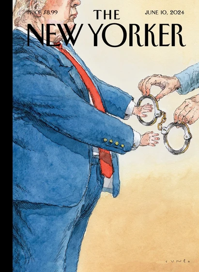Cover of The New Yorker news magazine depicting Trump extending tiny hands towards handcuffs that are far to big to constrain him.