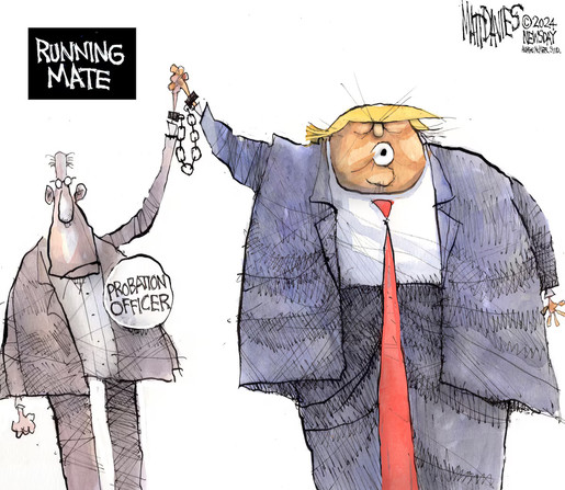 Editorial cartoon showing Trump handcuffed to a probation officer with the words 