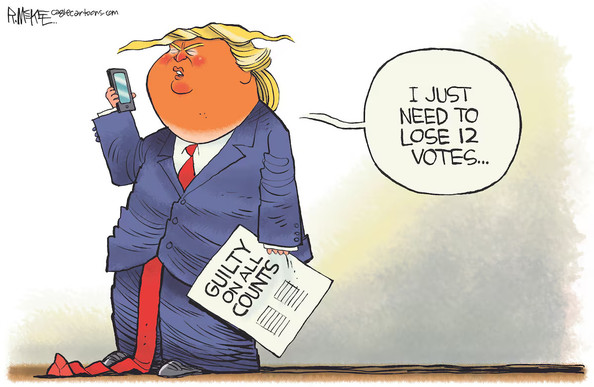 Editorial cartoon depicting Trump holding a document that reads, 