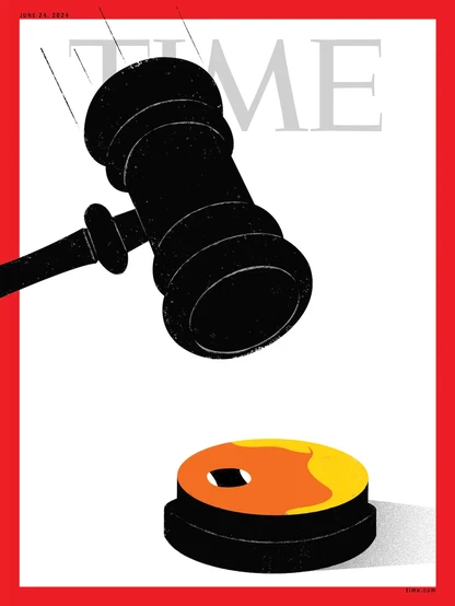 Time news magazine cover depicting a gavel coming down on a sounding board with Trump's face.