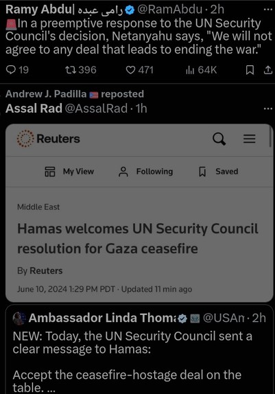 tweet: @RamAbdu - In a preemptive response to the UN Security Council's decision, Netanyahu says, 