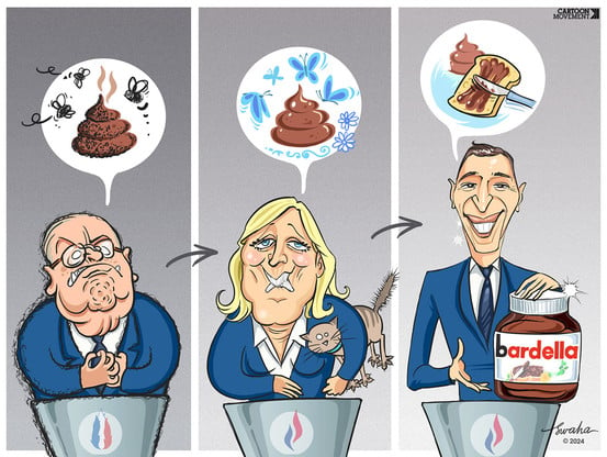 Cartoon with three panels. In the first panel, we see Jean-Marie Le Pen with a speech bubble with a giant turd in it, with flies surrounding it. In the second panel, we see Marine Le Pen; in her speech bubble the turd is more polished and has butterflies and flowers surrounding it instead. In the third an final panel, we see Jordan Bardella presenting a jar of Nutella (called Bardella in the cartoon), making a sandwich of the brown stuff that was a turd in the previous panels.
