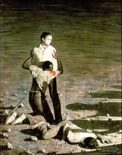 A body on the ground.  One man trying to support another, who has been shot; the red blood on his shoulder and hand stands out as the only non-neutral color in the scene, in the tones of night and car headlights, the background a blur.  The men are facing shadows with weapons but are themselves unarmed.