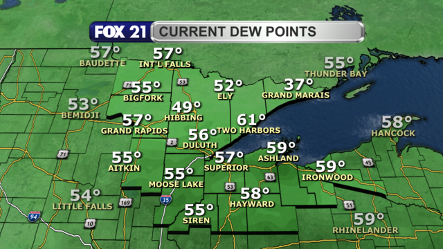 Dew point levels in the Northland around 2 p.m. on July 3, 2024, range from 49 to 61 degrees.