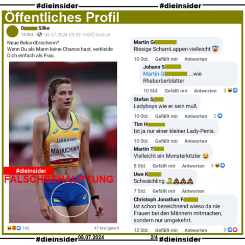 Ein öffentliches Profil teilt ein 4 Jahre altes Bild von Jaroslawa Mahutschich, der Hochsprung-Weltmeisterin aus der Ukraine. Nachträglich eingekreist wurde der Schritt und dazu geschrieben 