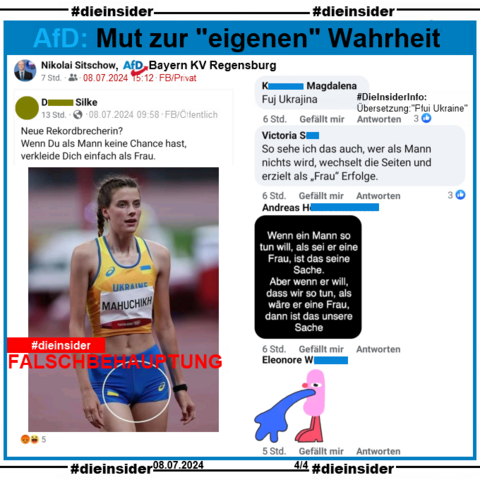 Ein öffentliches Profil teilt ein 4 Jahre altes Bild von Jaroslawa Mahutschich, der Hochsprung-Weltmeisterin aus der Ukraine. Nachträglich eingekreist wurde der Schritt und dazu geschrieben 