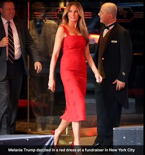 Former lingerie model Melania Trump in a red dress at fundraiser for rich deluded gays who support fascism.
