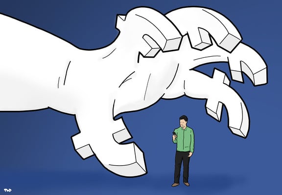 Cartoon showing a giant claw with finders shaped like Facebook logos above a man looking at his smartphone.