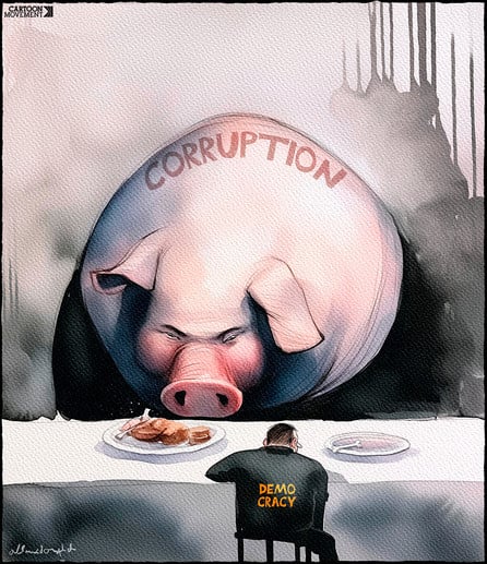 Cartoon showing a large pig labeled 'corruption' at a table with a plate full of food in front of him. At the other side of the table sits a much smaller man labeled 'democracy' staring at an empty plate.