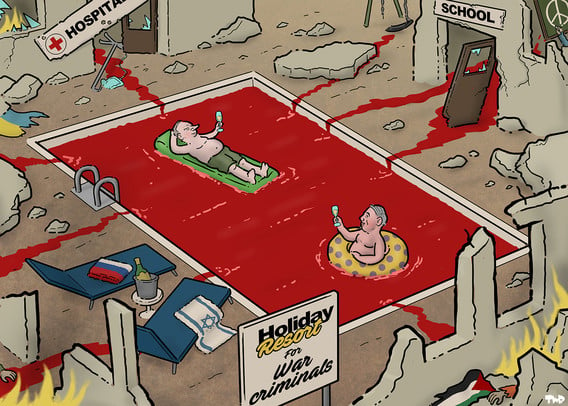Cartoon showing a pool filled with blood, with Putin and Netanyahu lounging on an airbed and an inflatable tire, drinking champagne. The blood is flowing into the pool from several streams, coming from a ruined school, hospitable and playground. A sign reads 'Holiday resort for war criminals'.