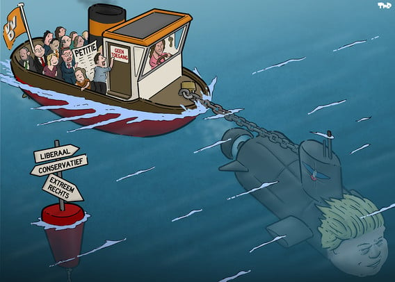 Cartoon met daarop een boot met VVD vlag die wordt bestuurd door Yeşilgöz. Op de deur van de stuurhut staat ‘verboden toegang’. VVD leden staan op het dek (eentje bonst op de deur) met een petitie. Van het voordek loopt een ketting naar een duikboot die aan het duiken is, en daardoor de VVD-boot onderwater trekt. De duikboot heeft het hoofd van Geert Wilders.