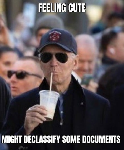 Image
Biden drinking a milk shake 
Text
Feeling cute.  Might declassify some documents.