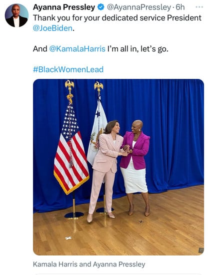 Ayanna Pressley • @AyannaPressley • 6h
Thank you for your dedicated service President
@JoeBiden.
And @KamalaHarris I'm all in, let's go.
#BlackWomenLead
Kamala Harris and Ayanna Pressley