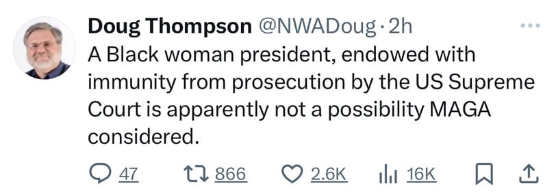 Doug Thompson @NWADoug •2h
A Black woman president, endowed with
immunity from prosecution by the US Supreme
Court is apparently not a possibility MAGA
considered.
• 47
17 866 0 26K 1l1 16K I
