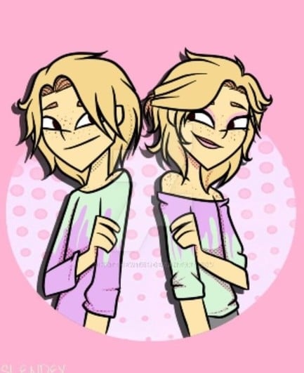 A cartoon drawing of a boy and girl. Both are slightly smiling. They are angled back-to-back and looking towards each other. 