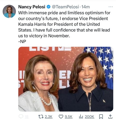 Nancy Pelosi @ @TeamPelosi •14m
With immense pride and limitless optimism for
our country's future, I endorse Vice President
Kamala Harris for President of the United
States. I have full confidence that she will lead
us to victory in November.
-NP
118
17 2.3K
9.5K
200K