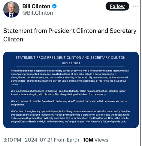 Bill Clinton &
@BillClinton
Follow
Statement from President Clinton and Secretary
Clinton
