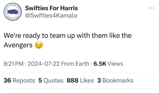 CAMALA 202%
Swifties For Harris
@Swifties4Kamala
We're ready to team up with them like the
Avengers
8:21 PM • 2024-07-22 From Earth • 6.5K Views
36 Reposts 5 Quotes 888 Likes 3 Bookmarks