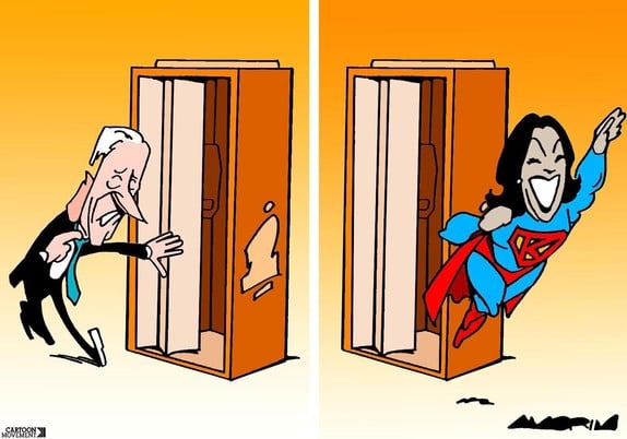 Cartoon with two panels. In the first panel, Biden, old and bent, walks into a closet. In the second panel, a radiant Kamala Harris flies out wearing a Superman costume.