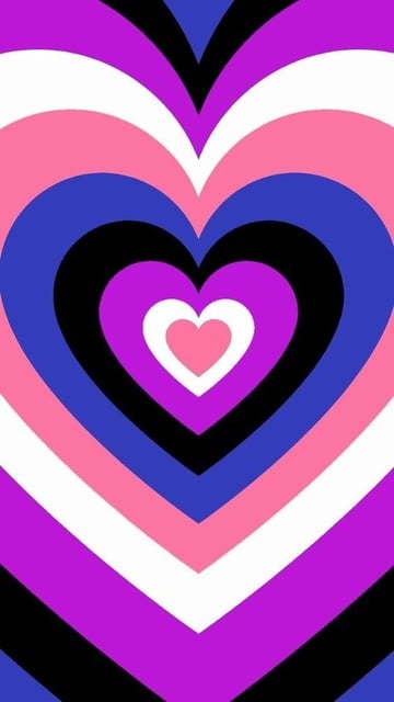 A pink heart, surrounded by a white heart, a purple heart, a black heart, and a blue heart, before beginning the cycle of colors again. 