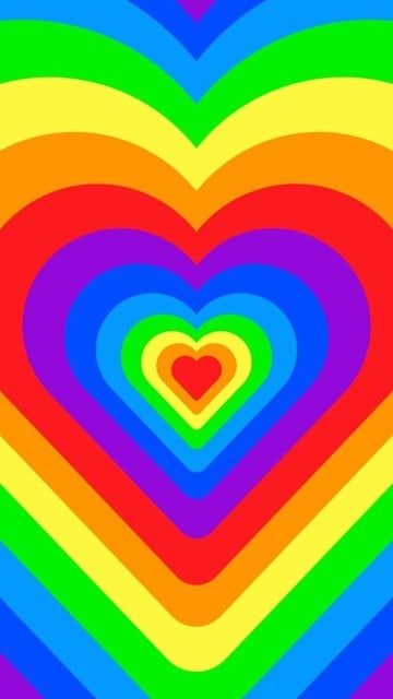 A red heart, surrounded by an orange heart, a yellow heart, a green heart, a light blue heart, a dark blue heart, and a purple heart, before the cycle begins again. 