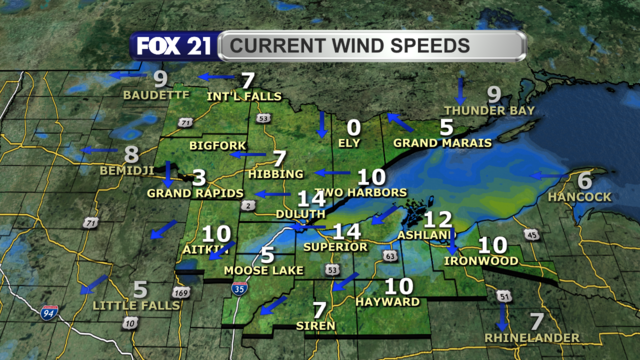 Wind speeds in the Northland just after 2:30 p.m. on July 23, 2024, range from calm to 14 mph.  The primary wind direction is from the northeast, coming off Lake Superior.