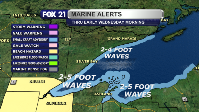 Small Craft Advisory alerts continue along the shoreline of Lake Superior in the Northland through Tuesday night for waves of 2 to 5 feet.  A Beach Hazard Statement also continues along the Twin Ports region for possible rip currents.