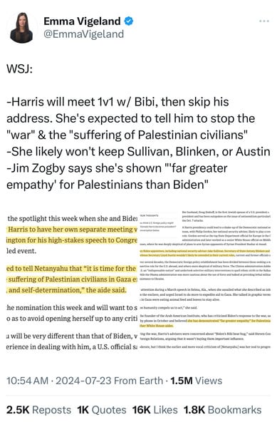 Emma Vigeland &
@EmmaVigeland
WSJ:
-Harris will meet 1v1 w/ Bibi, then skip his
address. She's expected to tell him to stop the
