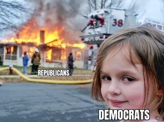 Image
Girl smiles as house burns
Text
Democrats 
Republicans 