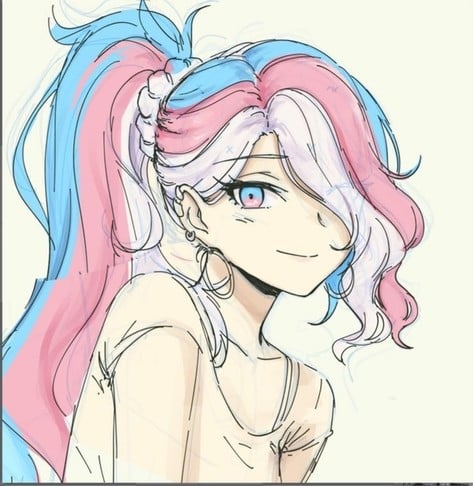 A drawing of a woman with blue, pink, and white hair. 

One of her eyes is visible. It is a gradient of blue and pink. 