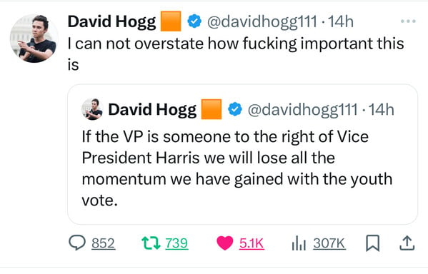 David Hogg
• @davidhogg111 • 14h
I can not overstate how fucking important this
is
David Hogg
@ @davidhogg111•14h
If the VP is someone to the right of Vice
President Harris we will lose all the
momentum we have gained with the youth
vote.
@ 852.
17 739
•
5.1K
Ill 307K