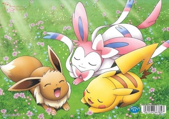 Eevee, Sylveon, and Pikachu resting peacefully in a meadow. 