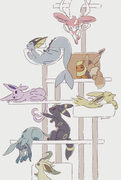 Eevee and their evolutions playing and resting on a cat tree. 
