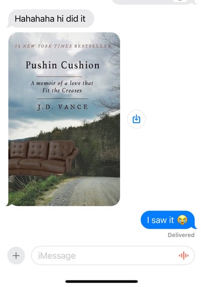 Text message exchange with a JD cance couch meme 
