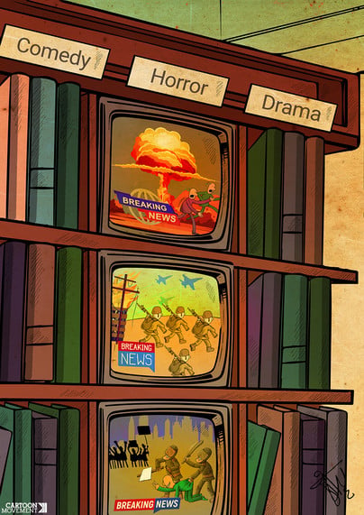 Cartoon showing a library book case with the sections 'Comedy', 'Drama' and 'Horror'. The 'Comedy' and 'Drama' sections are filled with books, but the 'Horror' section is filled with televisions instead, showing war, police brutality and nuclear explosions.