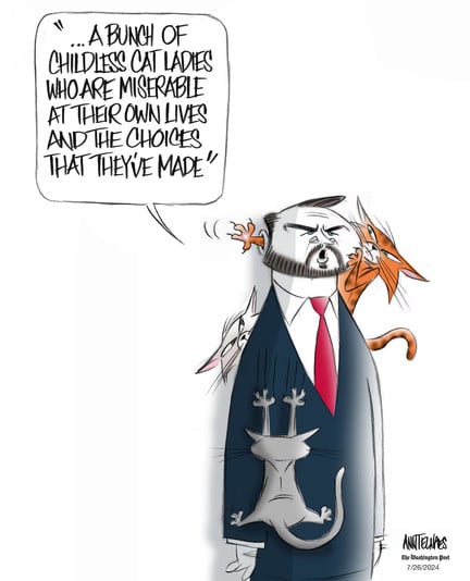 Editorial cartoon.

JD Vance stands with three cats climbing him. A gray cat hangs on his arm. A White cat peeks from behind his back, and an orange tabby sits on his shoulder, one paw clinging to his face, the other reaching through Vance's empty head and coming out his ear on the other side.

Credit: Ann Telnaes / Washington Post