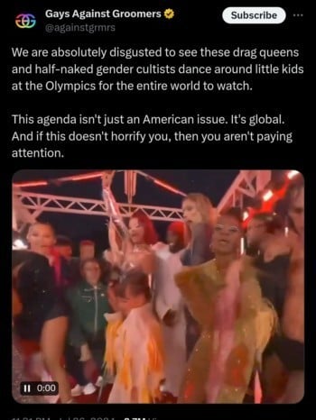 Tweet from 'Gays against Groomers' showing people dancing at the Paris.Olympic opening ceremony with the message 