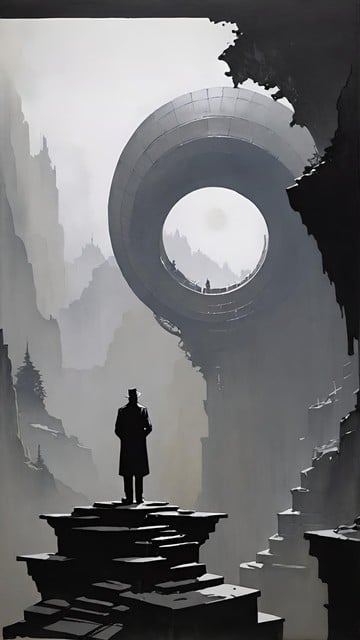 Image
Man in coat and hat stands in view of a planetary teleport device 