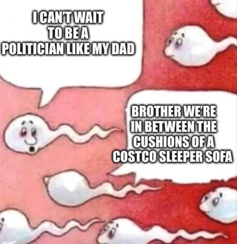 I CAN'T WAIT
TOBE A
POLITICIAN LIKE MY DAD
BROTHER WERE
IN BETWEEN THE
CUSHIONS OF A
COSTCO SLEEPER SOFA