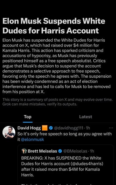 Elon Musk Suspends White
Dudes for Harris Account
Elon Musk has suspended the White Dudes for Harris
account on X, which had raised over $4 million for
Kamala Harris. This action has sparked criticism and
accusations of hypocrisy, as Musk has previously
positioned himself as a free speech absolutist. Critics
argue that Musk's decision to suspend the account
demonstrates a selective approach to free speech,
favoring only the speech he agrees with. The suspension
has been widely condemned as an act of election
interference and has led to calls for Musk to be removed
from his position at X.
This story is a summary of posts on X and may evolve over time.
Grok can make mistakes, verify its outputs.
Top
Latest
David Hogg
@davidhogg111 • 1h
So it's only free speech so long as you agree with
it @elonmusk
Brett Meiselas
@BMeiselas • 1h
BREAKING: X has SUSPENDED the White
Dudes for Harris account (@dudes4harris)
after it raised more than $4M for Kamala
Harris.