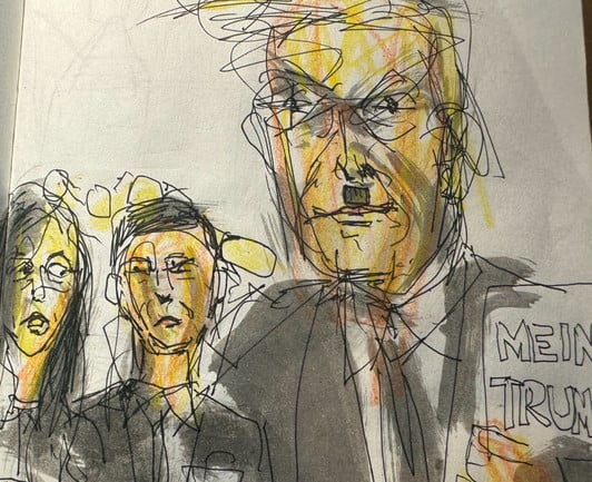 drawing of trump with hitler mustache, holding book Mein Trumf 
artist is chuck d