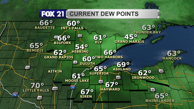 Dew point readings in the Northland just before 2:30 p.m. on July 30, 2024, range from 54 to 69 degrees.