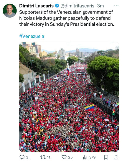 Dimitri Lascaris @ @dimitrilascaris •3m
Supporters of the Venezuelan government of
Nicolas Maduro gather peacefully to defend
their victory in Sunday's Presidential election.
#Venezuela
APDI
1711
> 25
Ill 379