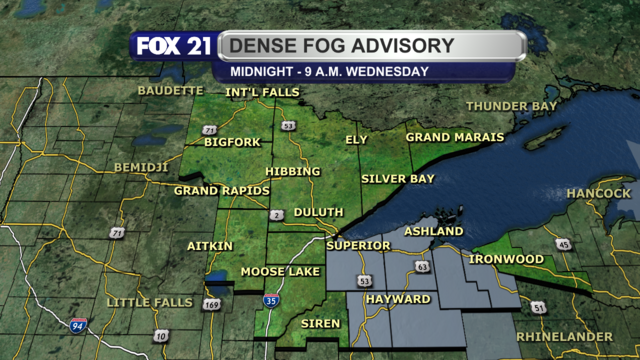 A Dense Fog Advisory is in effect for Ashland, Bayfield, Douglas, Iron, Sawyer, and Washburn counties from midnight to 9 p.m. on Wednesday, July 31, 2024.  Visibility could be below one-quarter mile in spots through the mid-morning hours.