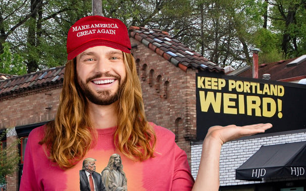 Man with long hair, beard, MAGA hat and Trump Jesus t-shirt in front of a Keep Portland Weird! sign.